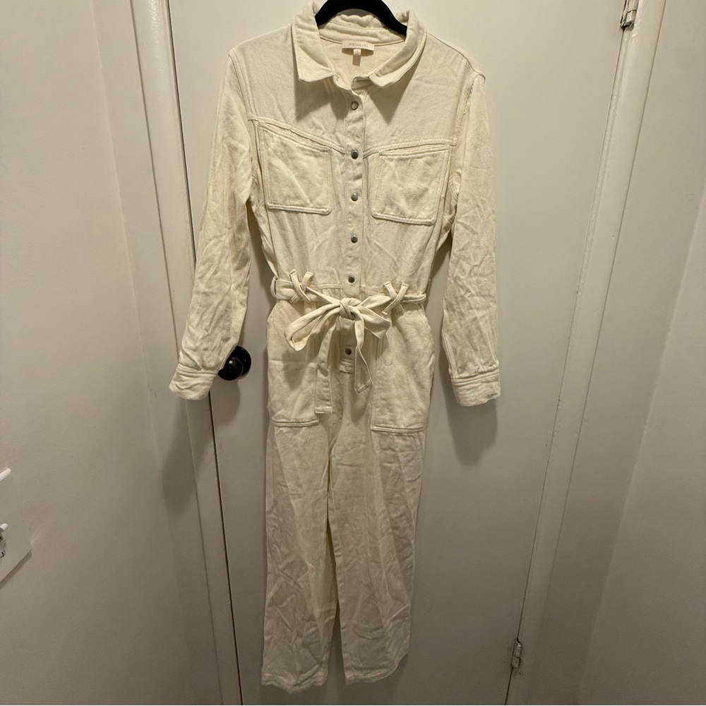 Cream Button-Up Jumpsuit with Belt